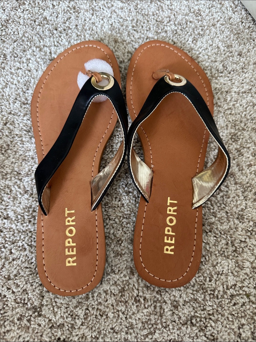 REPORT Black and Tan Sandal Thong with Gold Accent